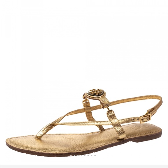 TORY BURCH GOLD METALLIC ALI THONG FLAT SHOES SUMMER TUMBLED LEATHER 10 - Picture 1 of 16